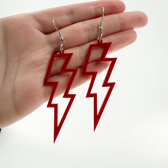 Red Lightning Bolt Dangle Earrings, Acrylic Earrings, Y2K Earrings - Picture 2 of 3